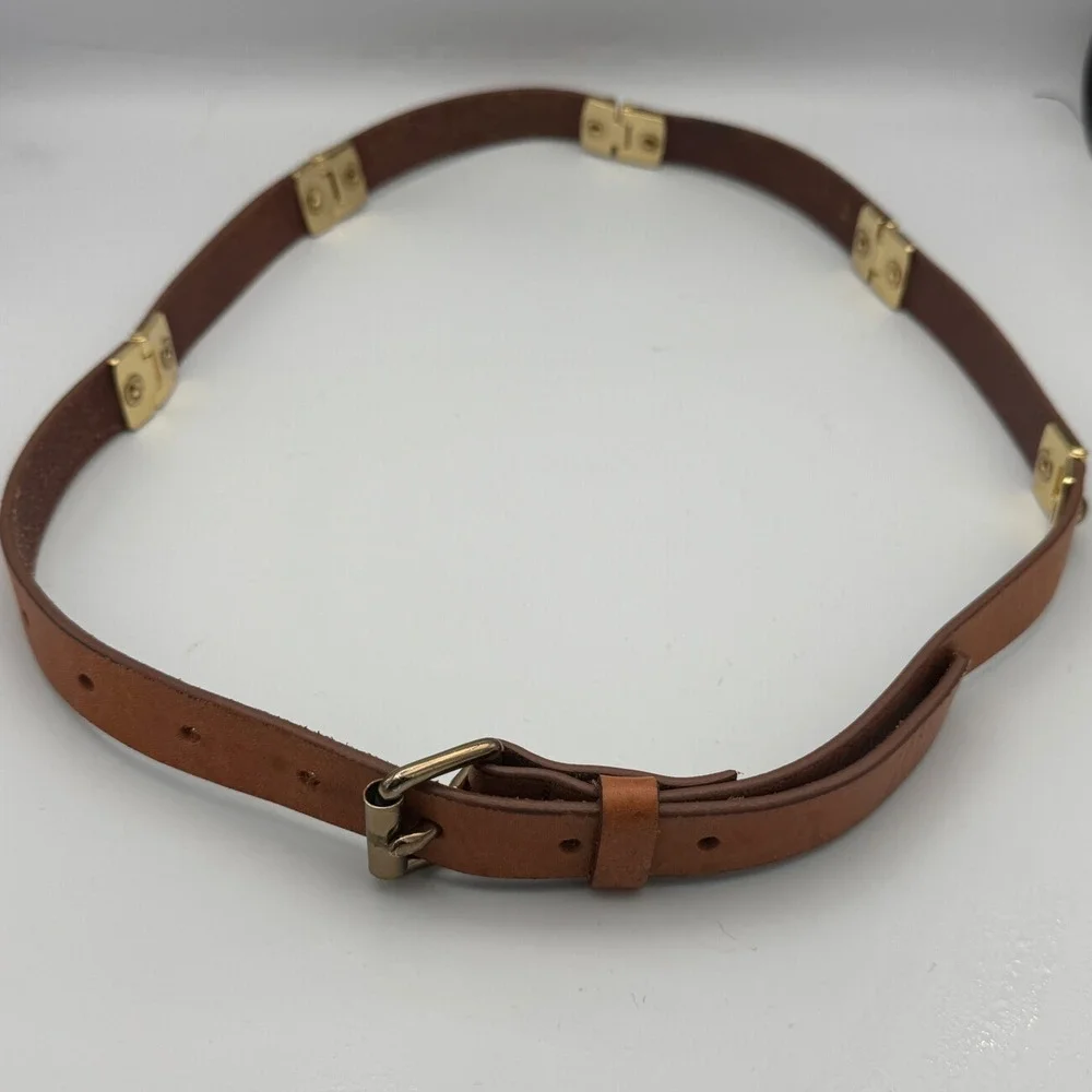 Linea Pelle Leather Belt Cognac Brown Gold Tone Hinge Accents Womens 32